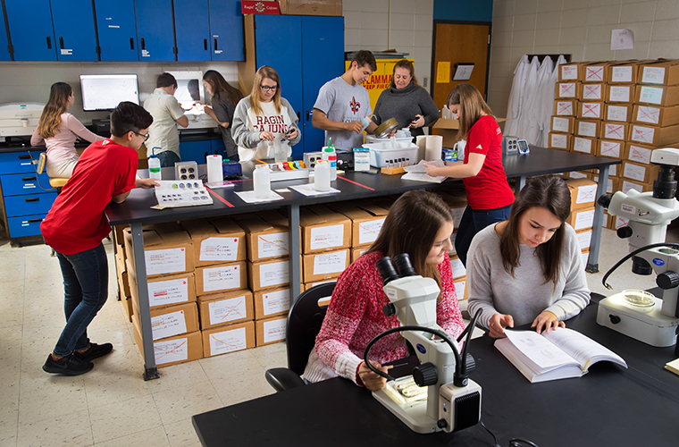 students examining samples in a lab