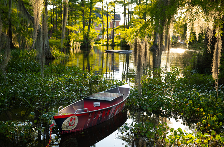 official louisiana rings floating in a pirouge on Cypress Lake on UL Lafayette's campus