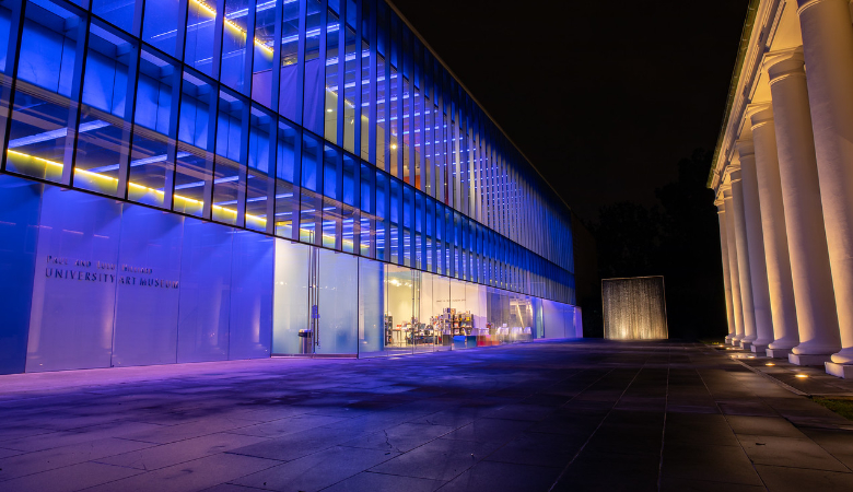 The Hilliard Art Museum at UL Lafayette illuminated at night