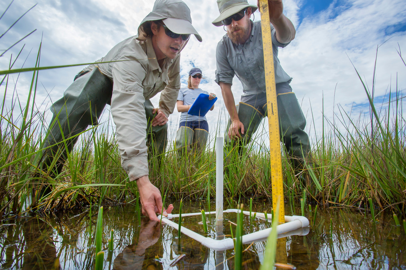 Two geology researchers from UL Lafayette conducting a water quality test in the marsh