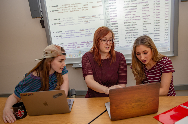 A UL Lafayette professor works with two criminal justice students on a research project.