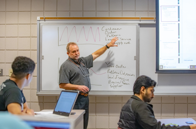 A University of Louisiana at Lafayette business professor teaching students.