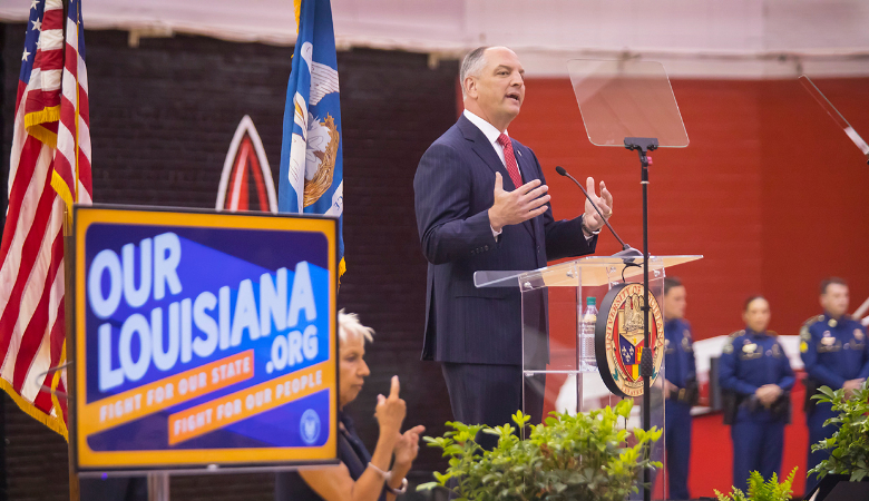 Louisiana Gov. John Bel Edwards speaks on campus with political science students and community members.