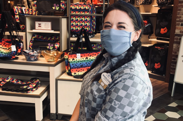 Madeleine Comeaux wears her mask while working in merchandising at Disney during COVID-19.