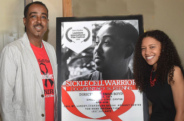 UL Lafayette broadcasting alum Eman Boyd with her documentary poster and the subject of her documentary.
