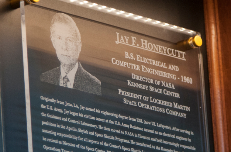 Jay Honeycutt's outstanding award plaque at the University of Louisiana at Lafayette.