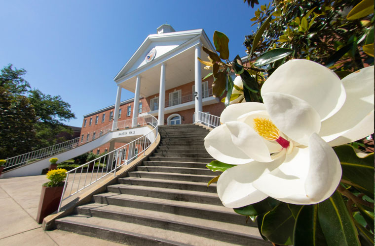 A large magnolia flower blooms in front of the circular staircase at Martin Hall