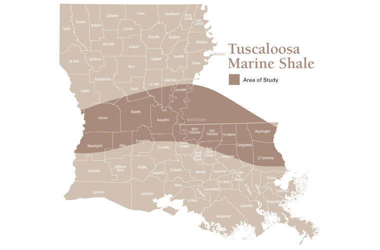 Illustration of the portion of Louisiana where the Tuscaloosa Marine Shale exists