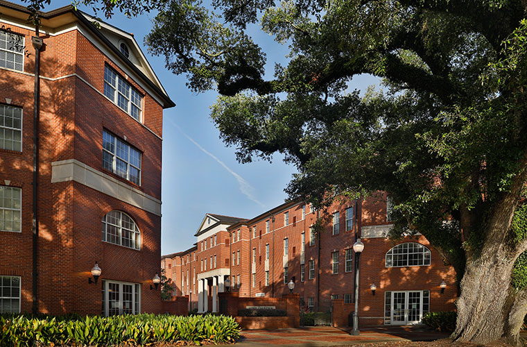 University of Louisiana at Lafayette's rose garden dorms under the shade of a campus oak tree
