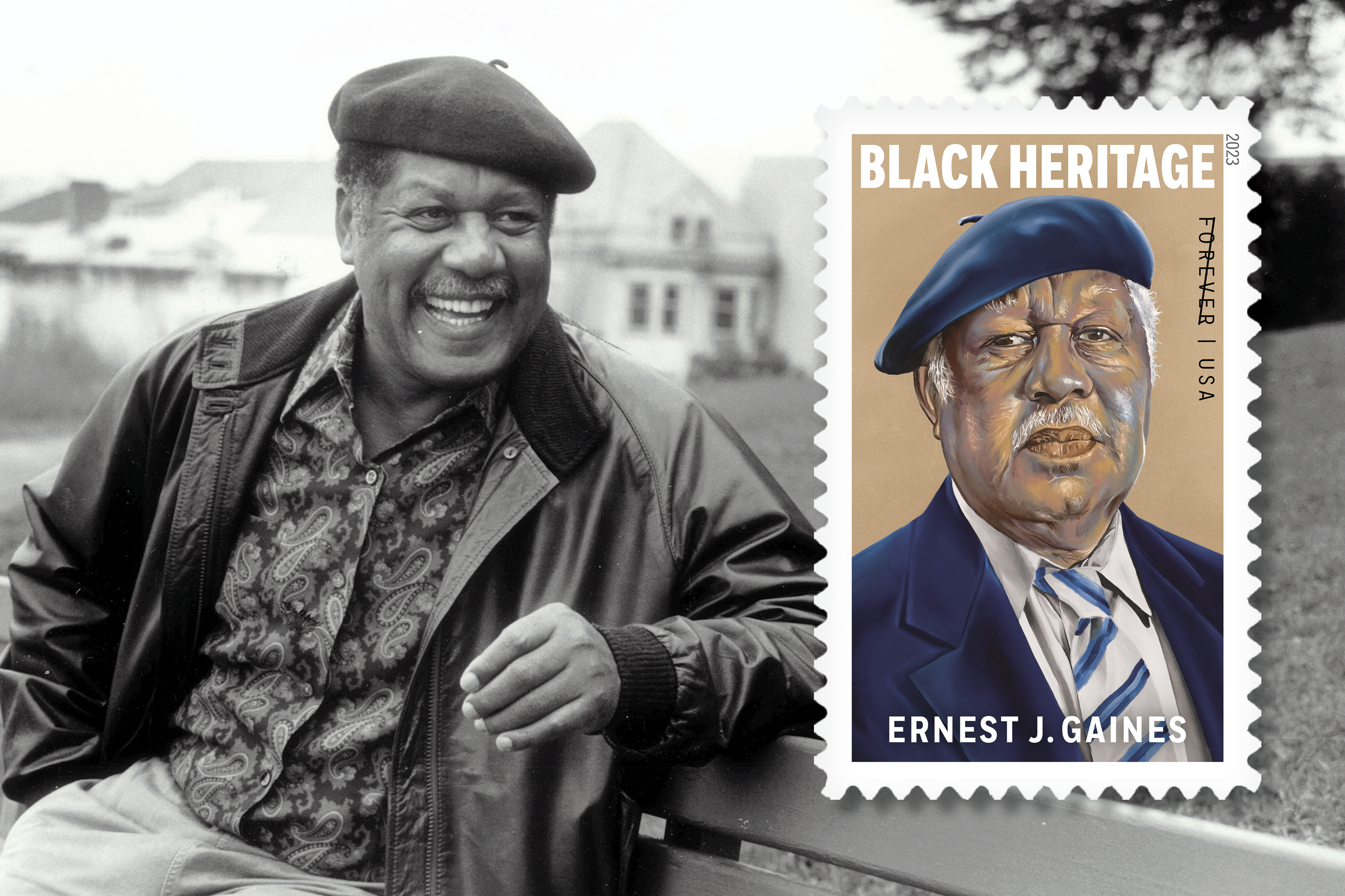 Photo of Ernest J. Gaines beside new stamp design