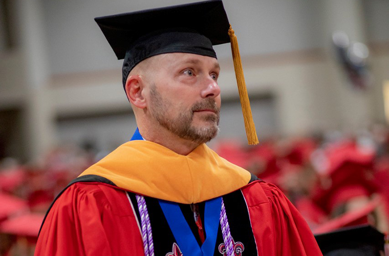 DNP graduate Martin Begnaud is pictured during commencement in UL Lafayette doctoral regalia.