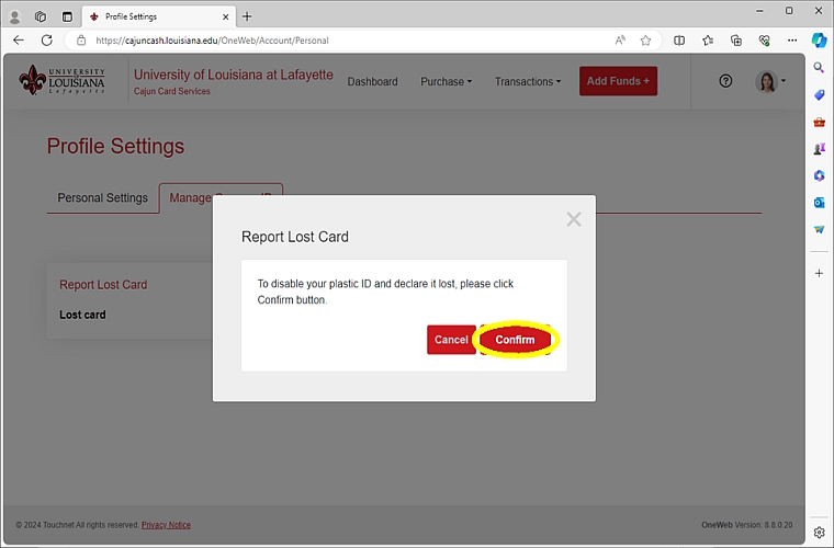 Screenshot of One Card asking for confirmation to deactivate Cajun Card