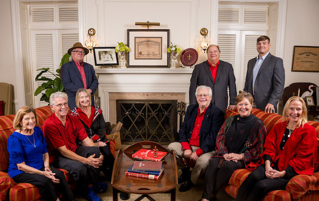 Nine descendants of PJ Voorhies in the sitting room of the President's house.