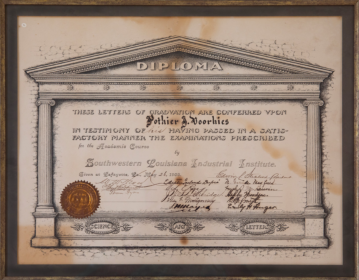 Original SLII diploma given to Pothier J. Voorhies.
