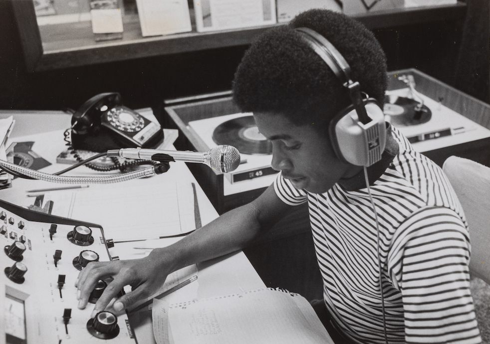 Fred Jolivet adjusts audio levels in the KRVS studio in a 1977 L'Acadien photo.