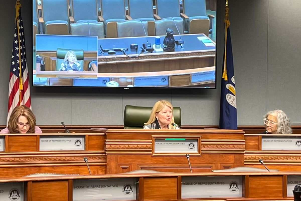 Karen Wyble, center, testifies in front of the State House and Governmental Affairs Committee. On the left beside her sits Jennifer Lemoine, interim associate dean and professor in the College of Nursing & Health Sciences.