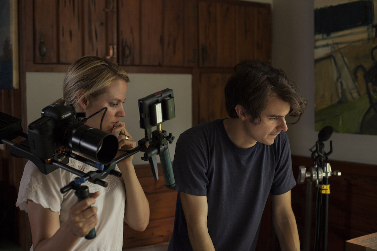 Allison and Peter DeHart behind the scenes on the set of "Bending Lines: Robert Wiggs" documentary.
