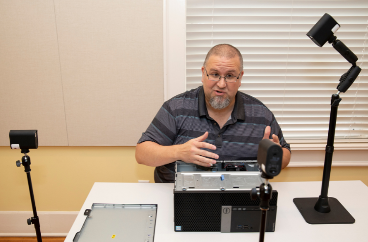 Instructional technologist Mike Williams uses the Mevo 3-pack to film a demonstration.