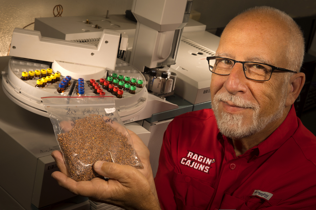 Dr. Karl Hasenstein holds seeds that are part of his research in conjunction with the International Space Station.