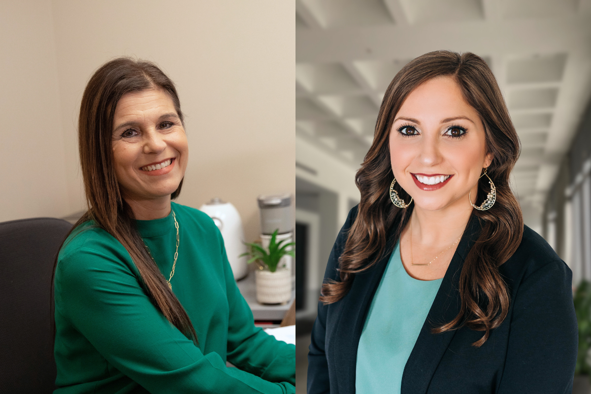 Two headshots superimposed next to each other (Lea Guidry left, Courtney Jagneaux right), both smiling for photo in a teal blouse. 