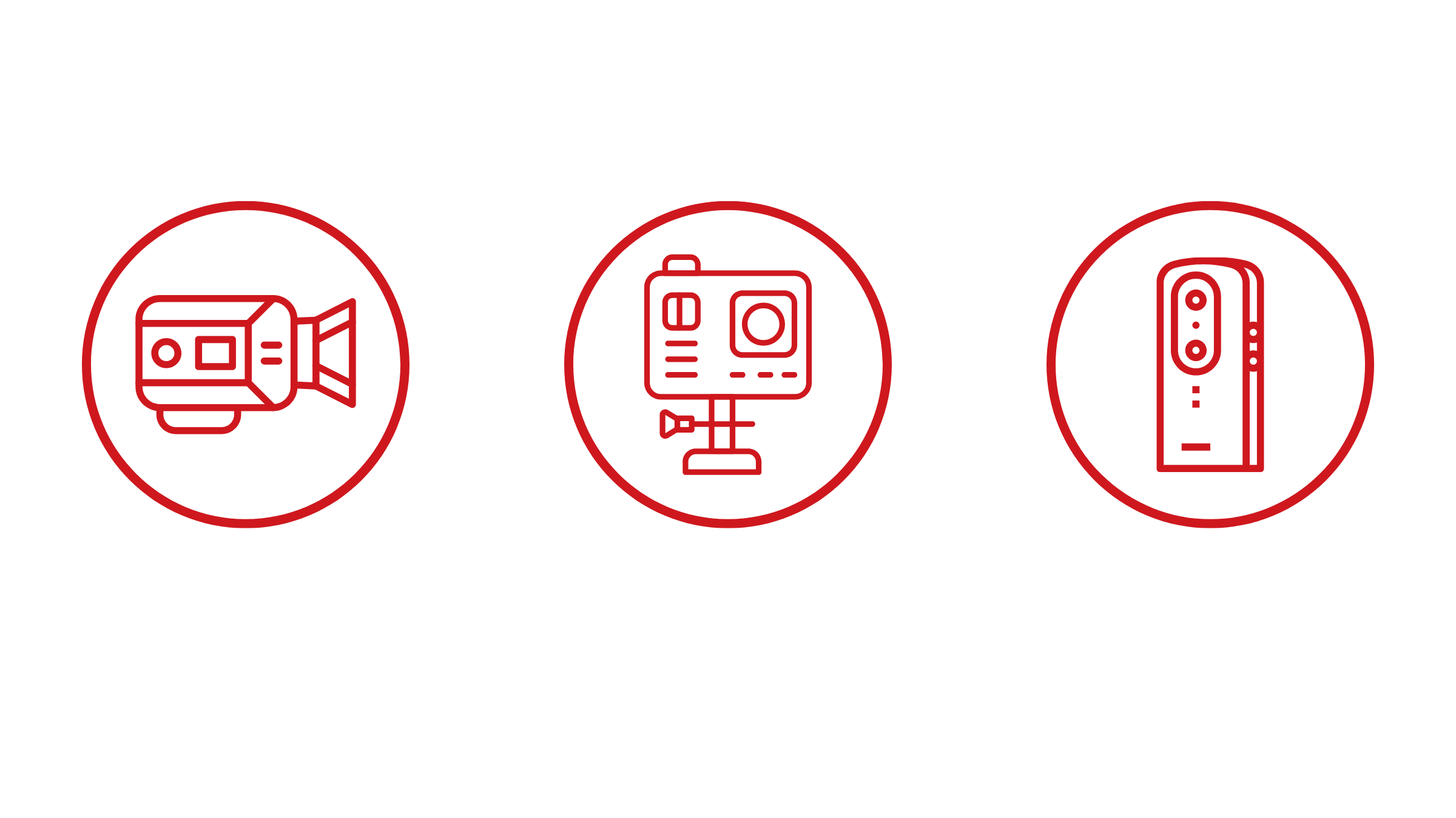 Three red, circled icons illustrating three different types of video cameras.