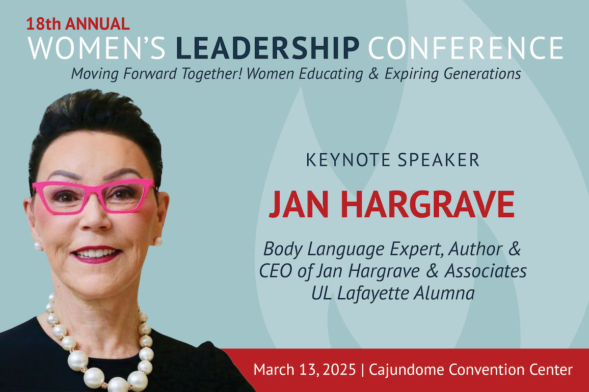 A promotional graphic for the 2025 Women's Leadership Conference featuring a headshot of Jan Hargrave, keynote speaker.