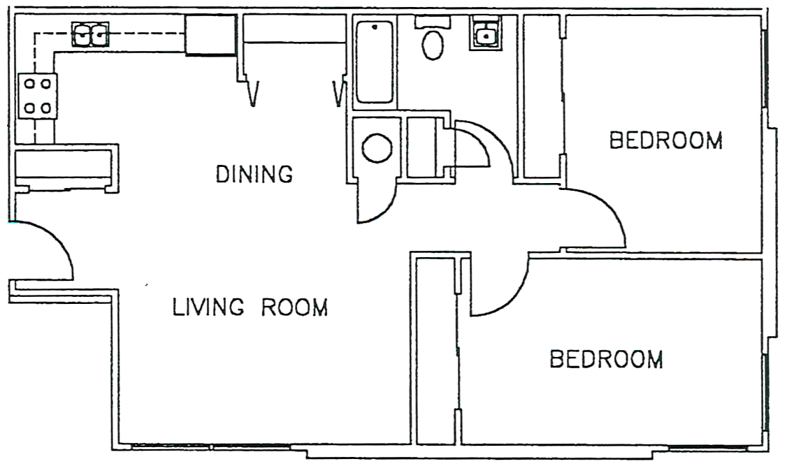 The Cottages at Cajun Village Apartment layout of a 2 bedroom apartment for family housing.