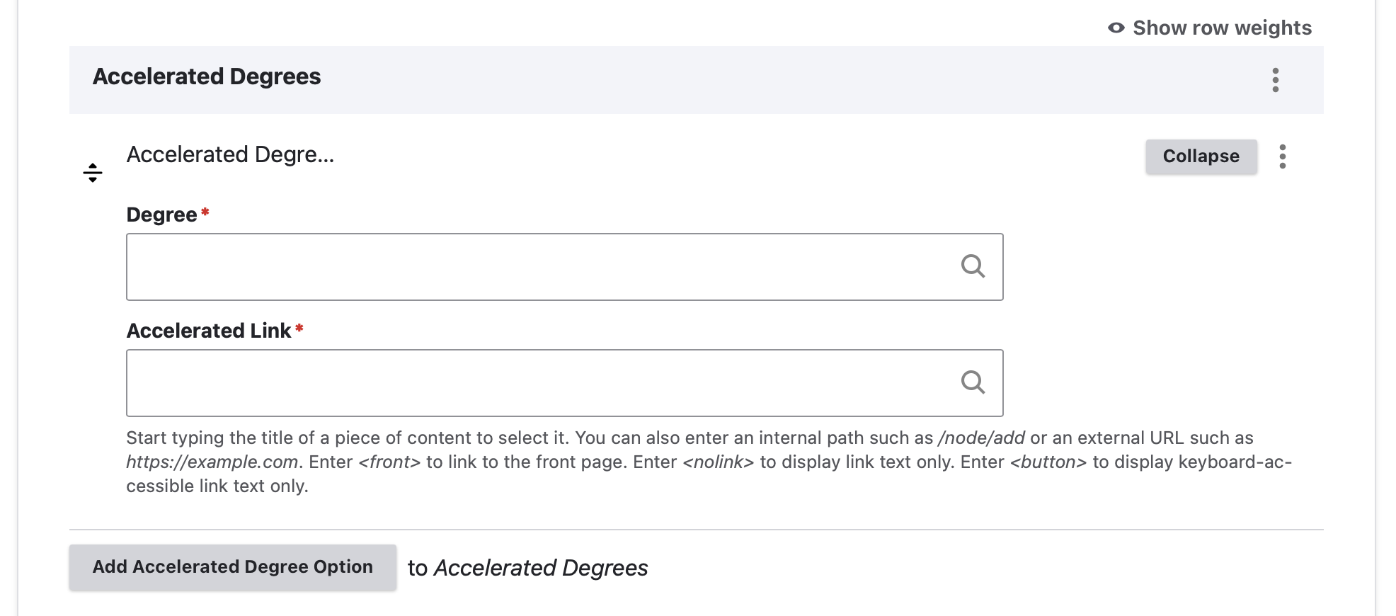 Screenshot of program page backend: accelerated degree option expanded