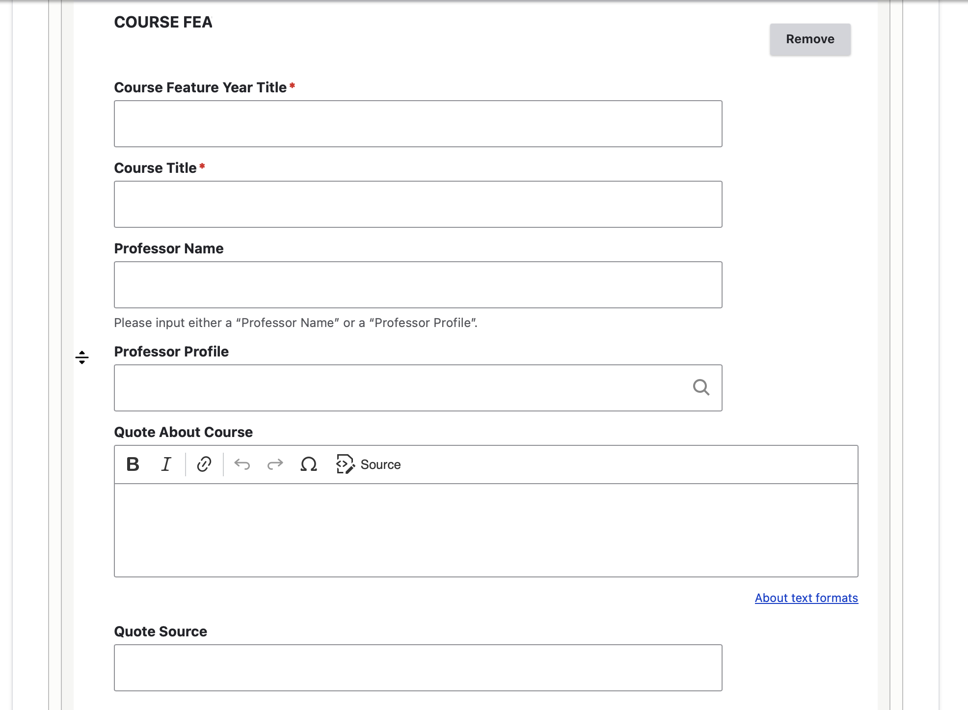 screenshot of backend: course feature course content