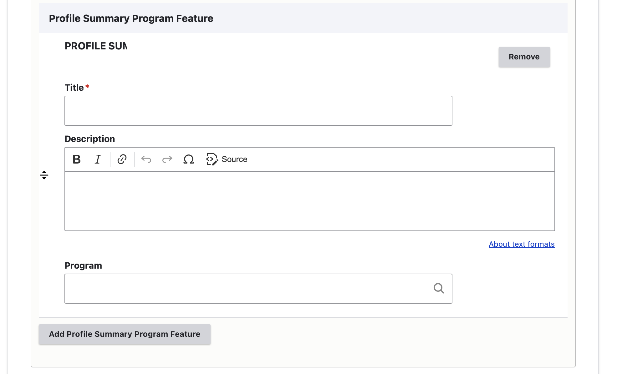 screenshot of backend: program page profile summary