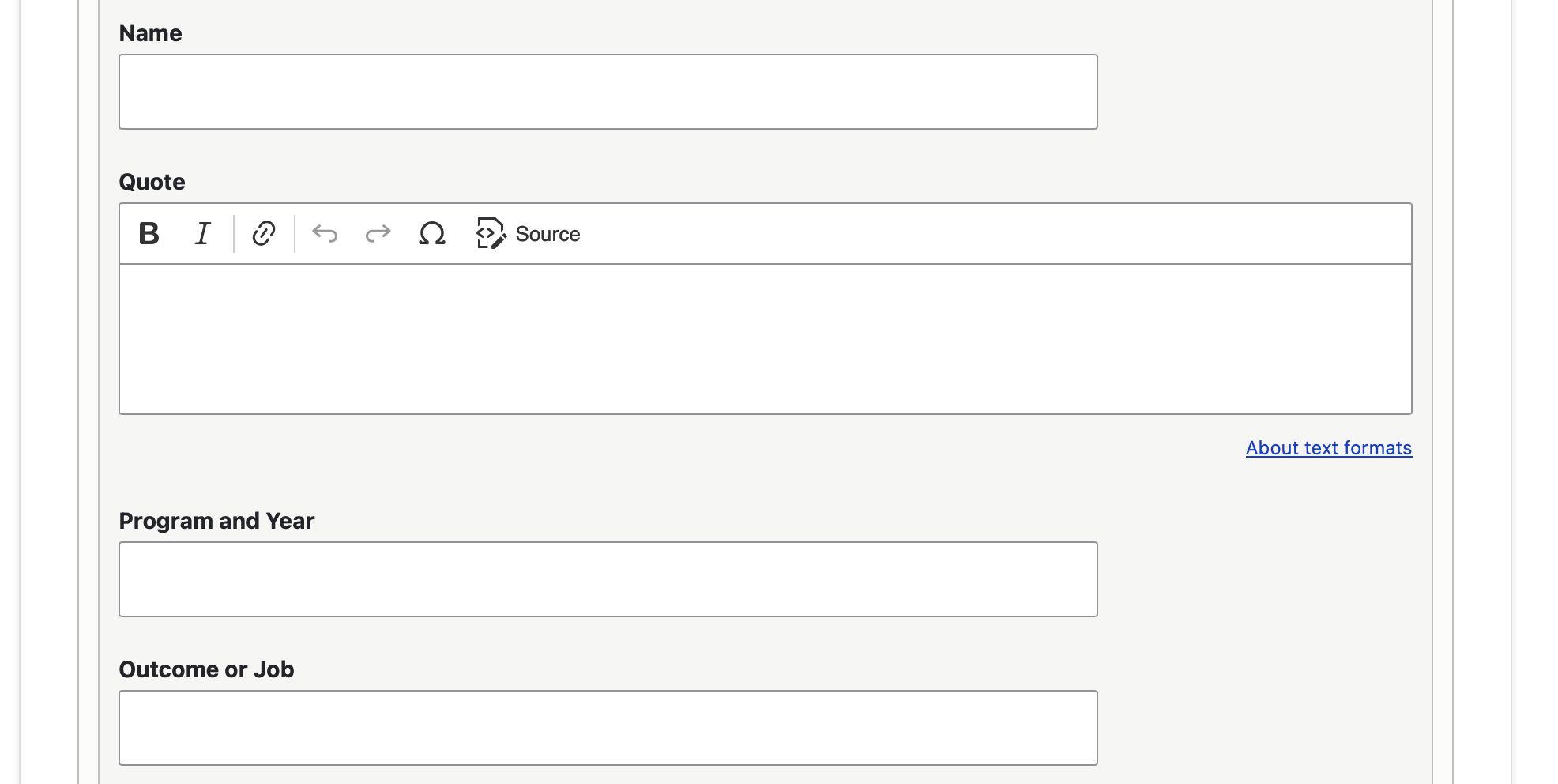 screenshot of backend: program page alumni feature