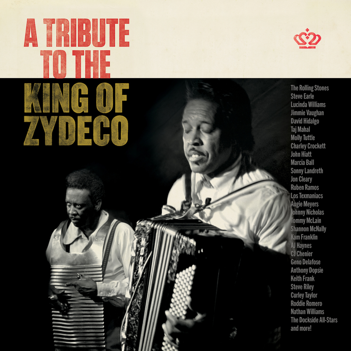 A cover of the album "A Tribute to the King of Zydeco" featuring a black-and-white image of Clifton Chenier playing accordion.