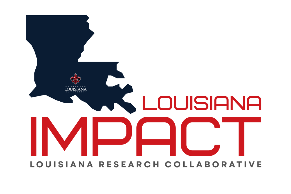 Louisiana Impact Logo with an outline of the state and the UL Lafayette logo marking Lafayette