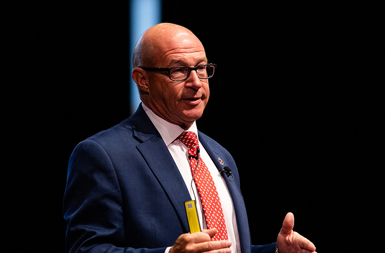 Interim President Hebert speaks to employees at the State of the University Address