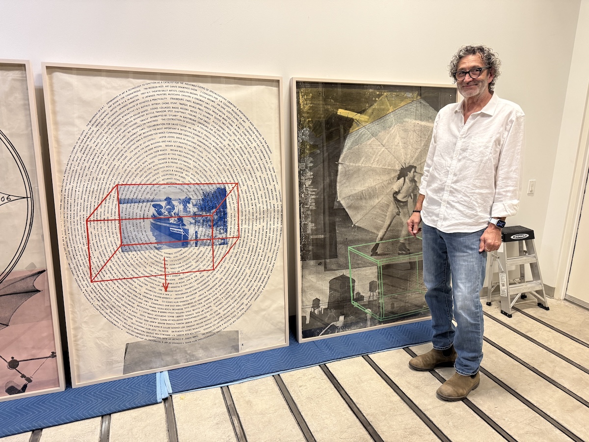 Rick Begneaud stands in the Hilliard Art Museum permanent collection archives in front of Rauschenberg’s Autobiography triptych.