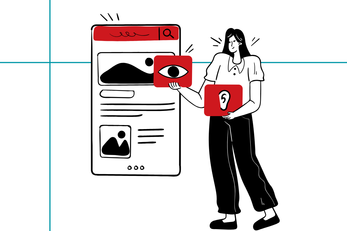 Black, white, and red illustration of a woman adding accessibility components to a website.