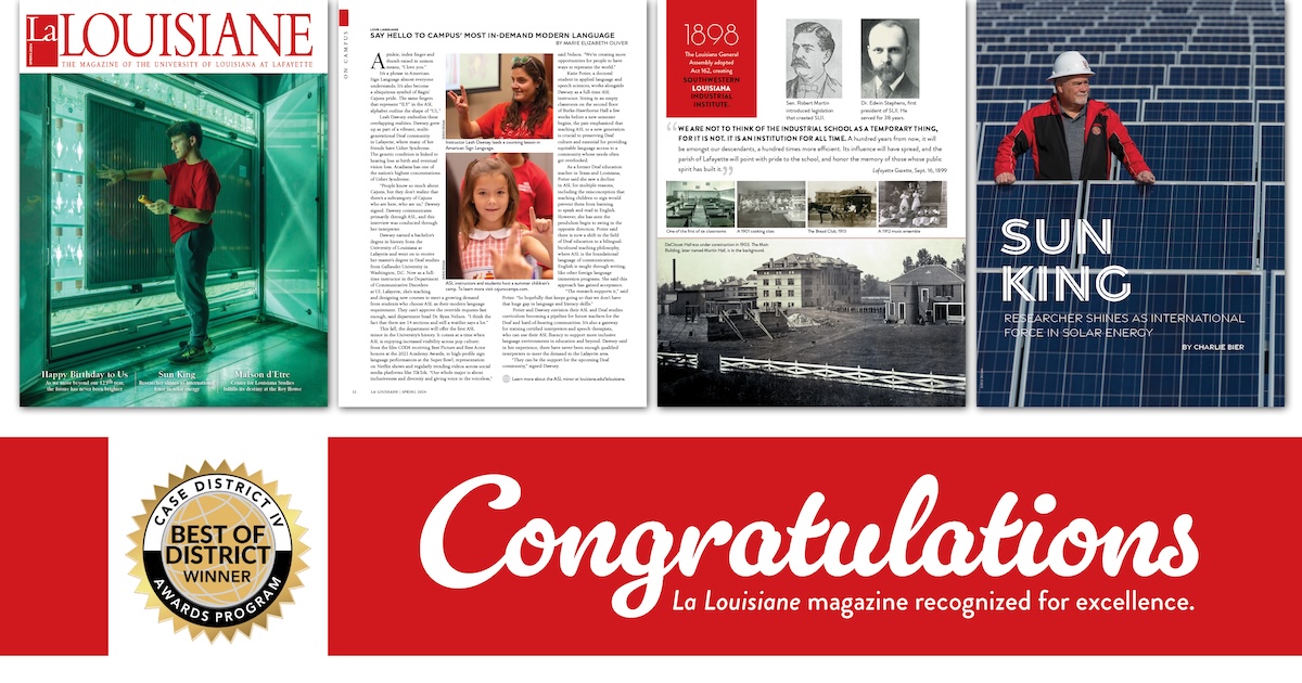 Pages from La Louisiane magazine with Congratulations written underneath.