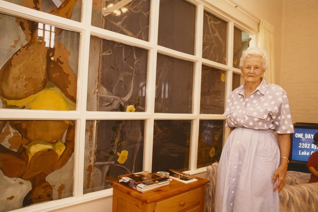 Dora Rauschenberg with her “storm shutters” made from Rauschenberg’s early paintings, Lafayette, LA, United States, circa 1992.