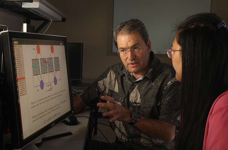 Faculty in the online applied computing program teaches a student at the computer. 