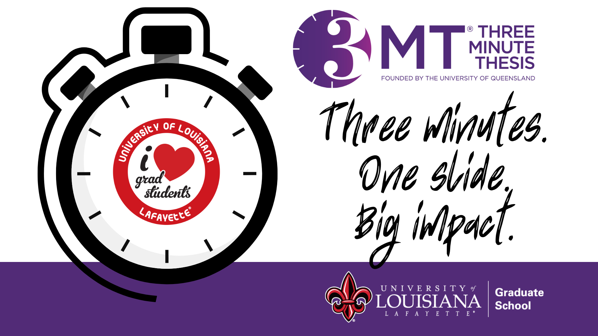 Picture includes the 3MT Logo - written out Three minutes, one slide, big impact and a stop watch.