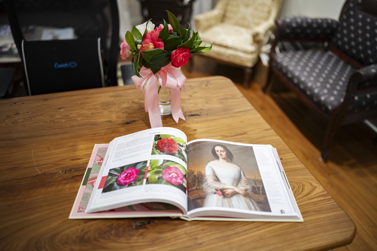 A copy of a book about camellias lies open face on a coffee table.