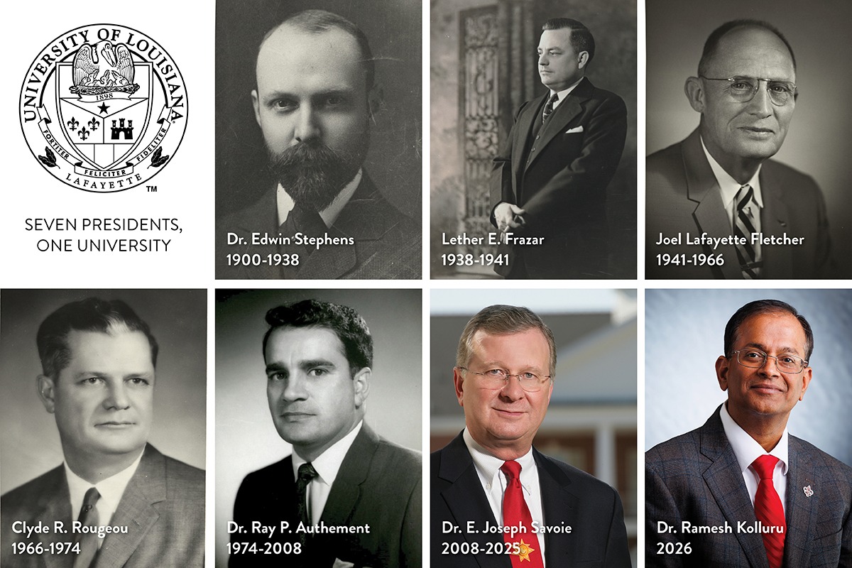 A graphic showing all seven presidents of UL Lafayette
