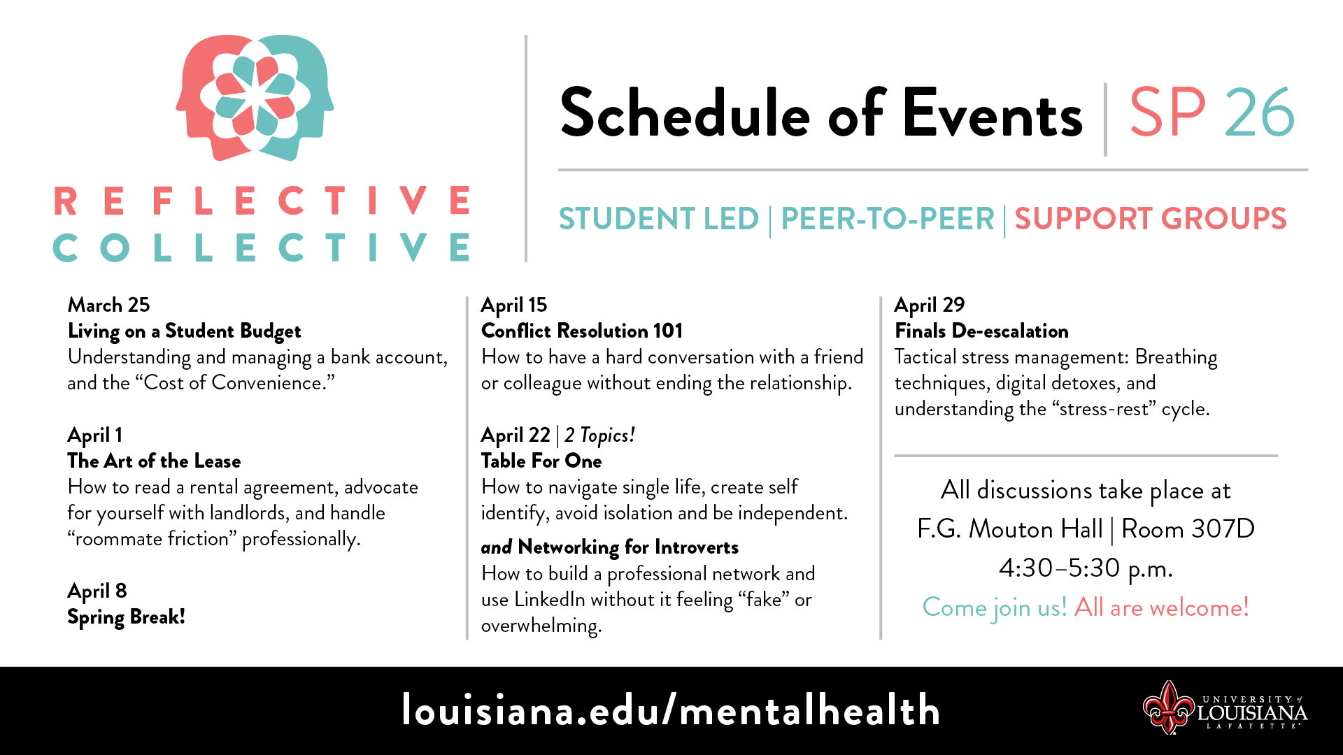 Spring '26 schedule of events for the Reflective Collective in light red and blue. All events are listed on webpage.