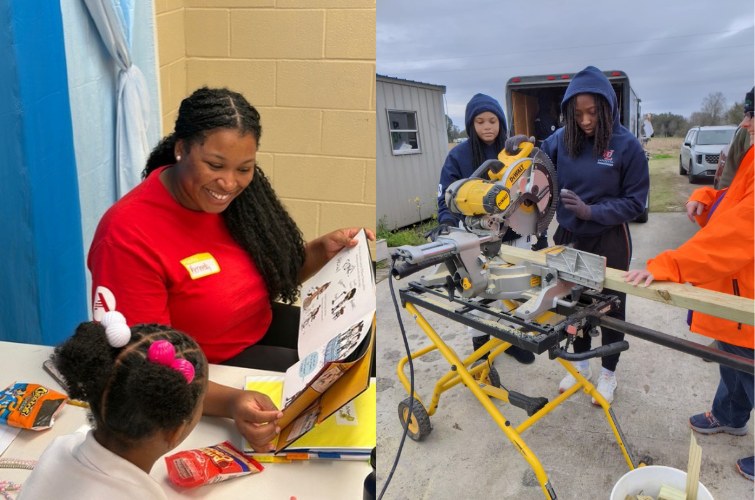 In this composite photo, on the left a student reads to a young girl and on the right a student cuts a piece of wood with an electric saw. 