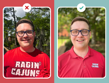 Graphic including two photos of a UL Lafayette student: one with harsh shadows, the other with even, natural light.