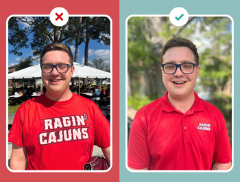 Graphic including two photos of a UL Lafayette student: one with a busy background at an event, the other with a simple, blurred greenery background.