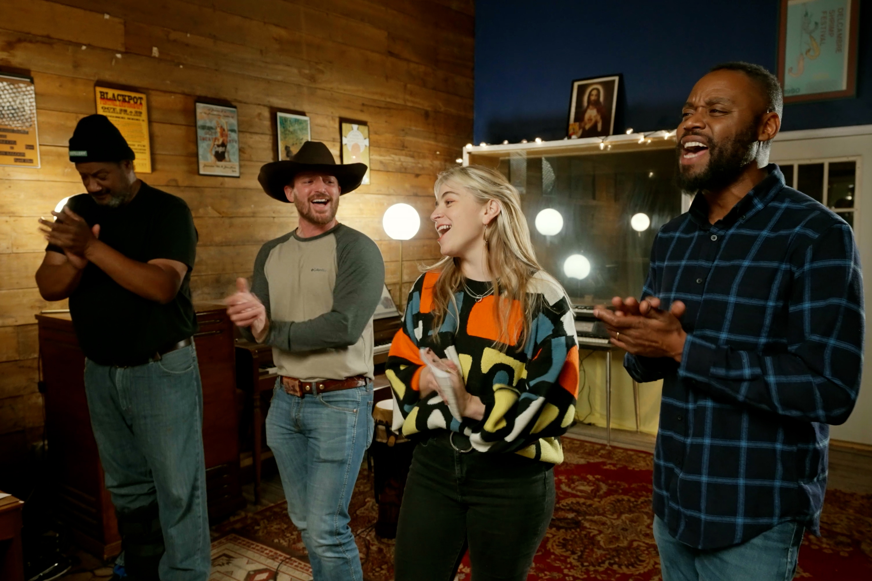 Musicians perform during a taping for the Dry Bones series