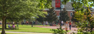 UL Lafayette students walking around the quad as viewed between trees and foliage.