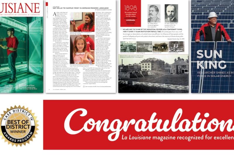 Pages from La Louisiane magazine with Congratulations written underneath.
