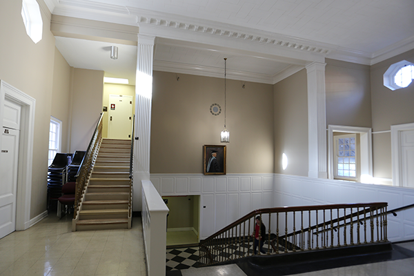 Stephens Hall staircase and Dr. Edwin Stephen's portrait